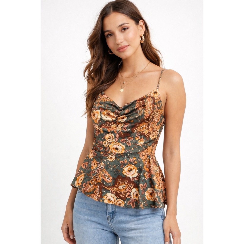 Lily‎ White Womens Floral Peplum Top Size L Green Boho Cowl Neck Crisscross Back